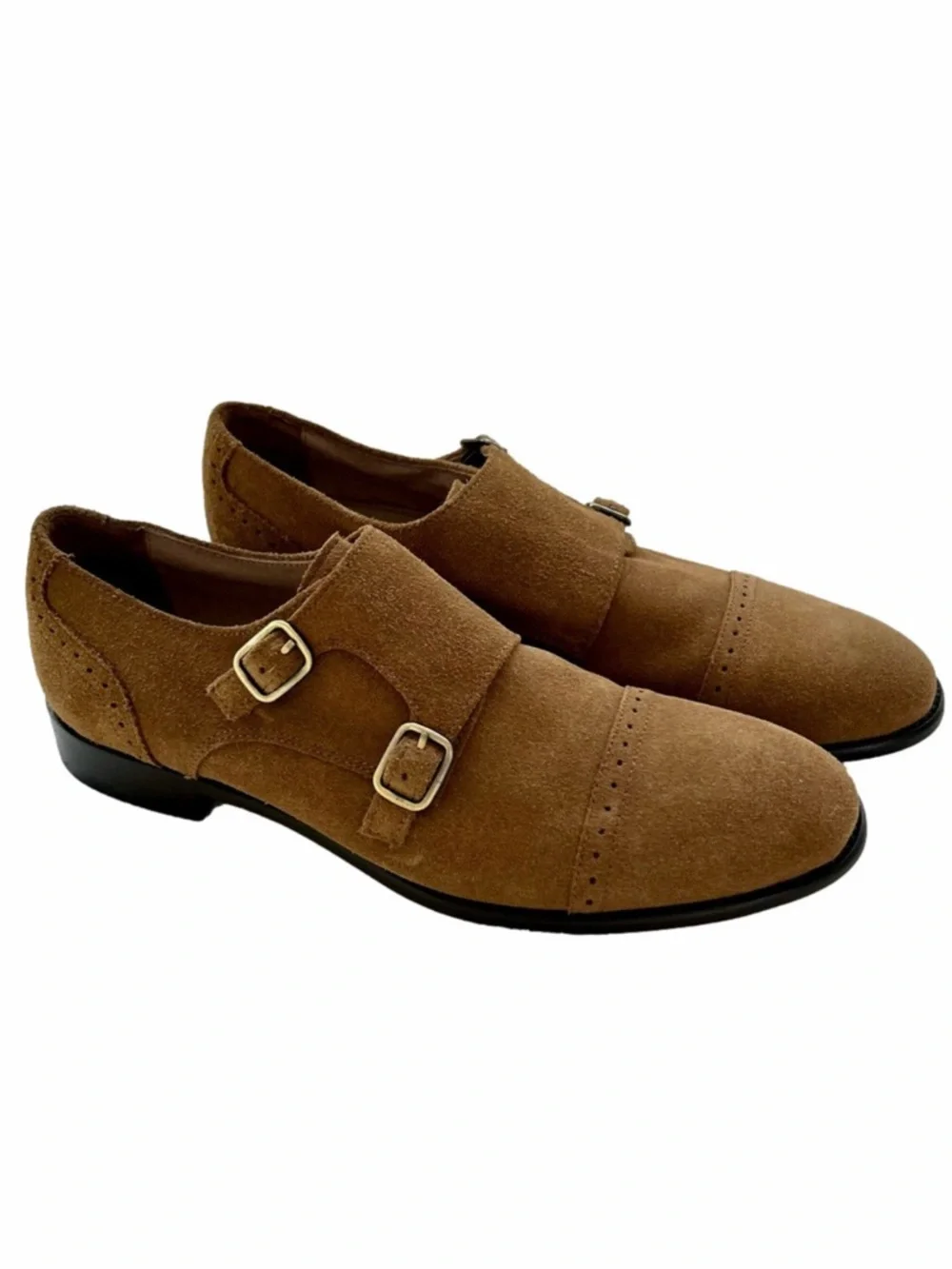 Banana Republic Double Monk Strap Tan Mens Size 8 Shoes Suede Oxfords Flats EUC